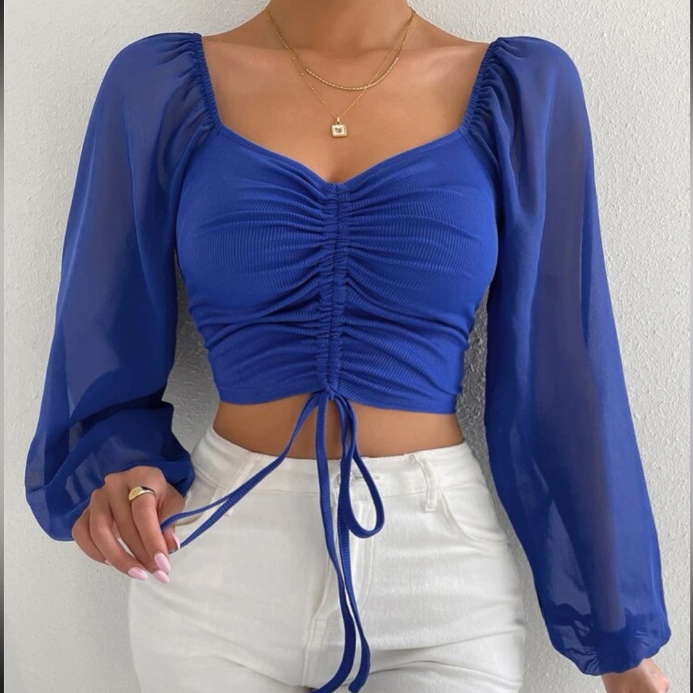 Lantern Sleeve Drawstring Crop Top